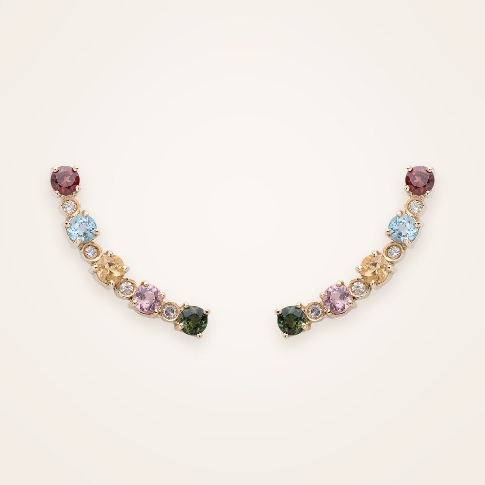 Par de brincos ear cuff com pedras coloridas e diamantes