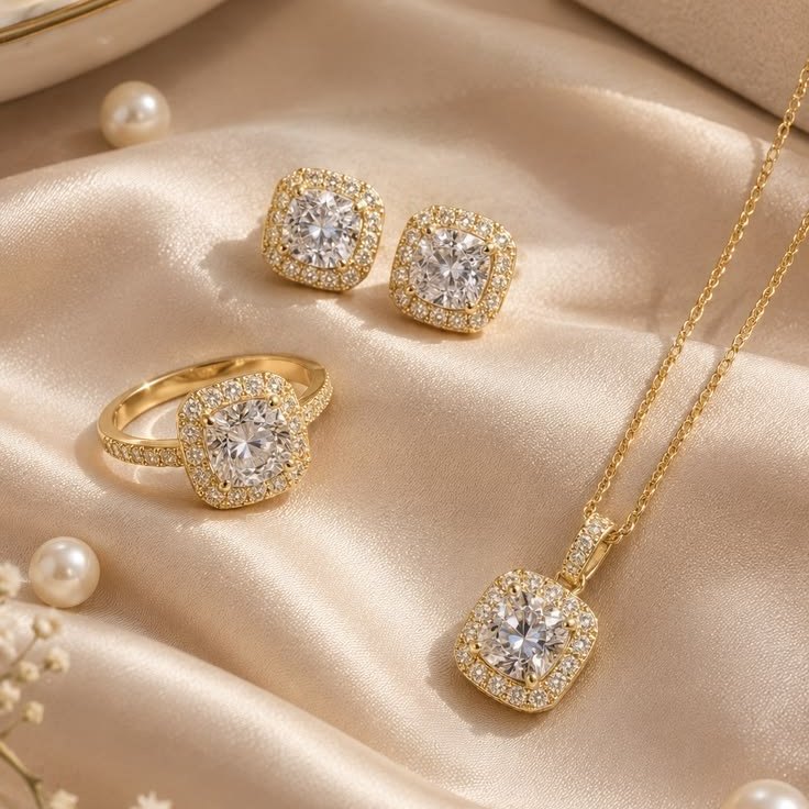 Conjunto de colar, brincos e anel em ouro com pedras quadradas e halo cravejado sobre cetim