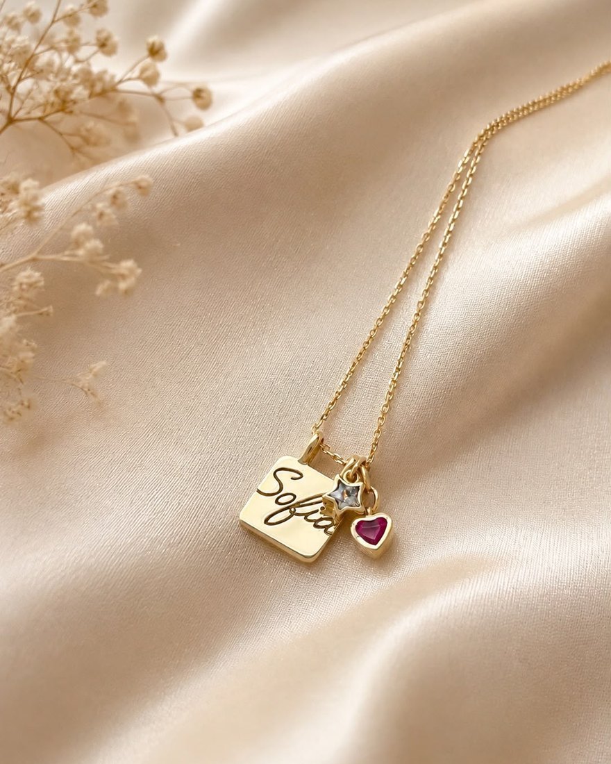 Colar dourado com plaquinha gravada e coração vermelho sobre cetim